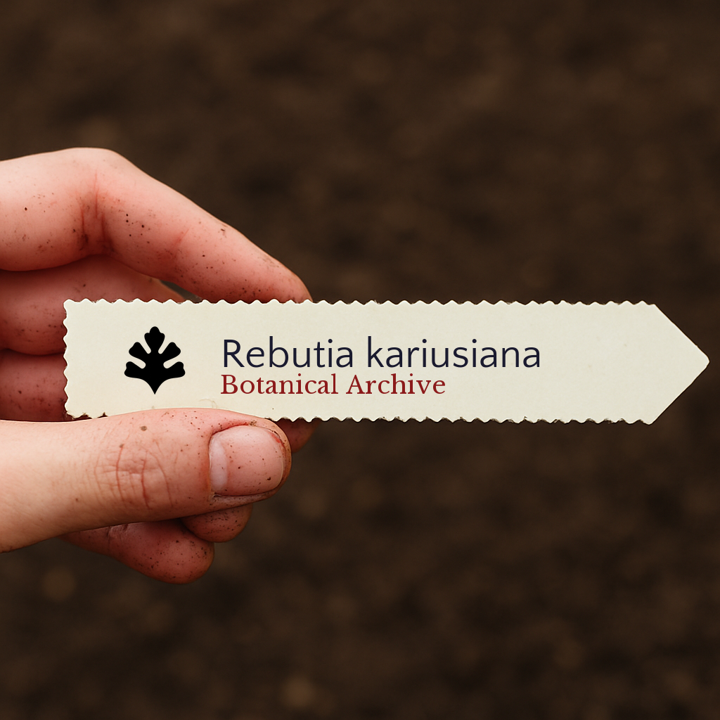 Printed plant label for Rebutia kariusiana held over soil background