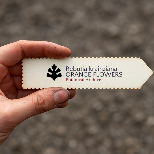 Printed plant label for Rebutia krainziana held by hand with soil background