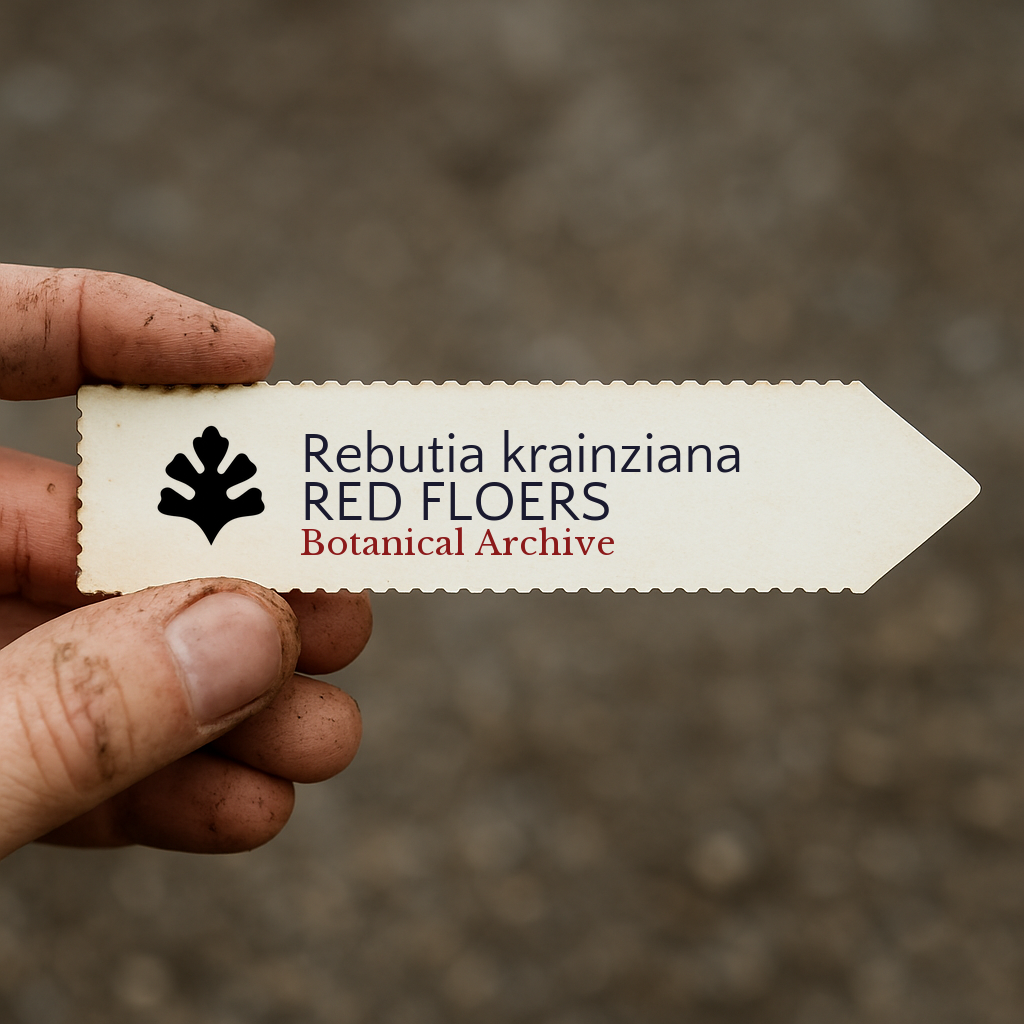 Printed plant label for Rebutia krainziana held by hand with dirt background