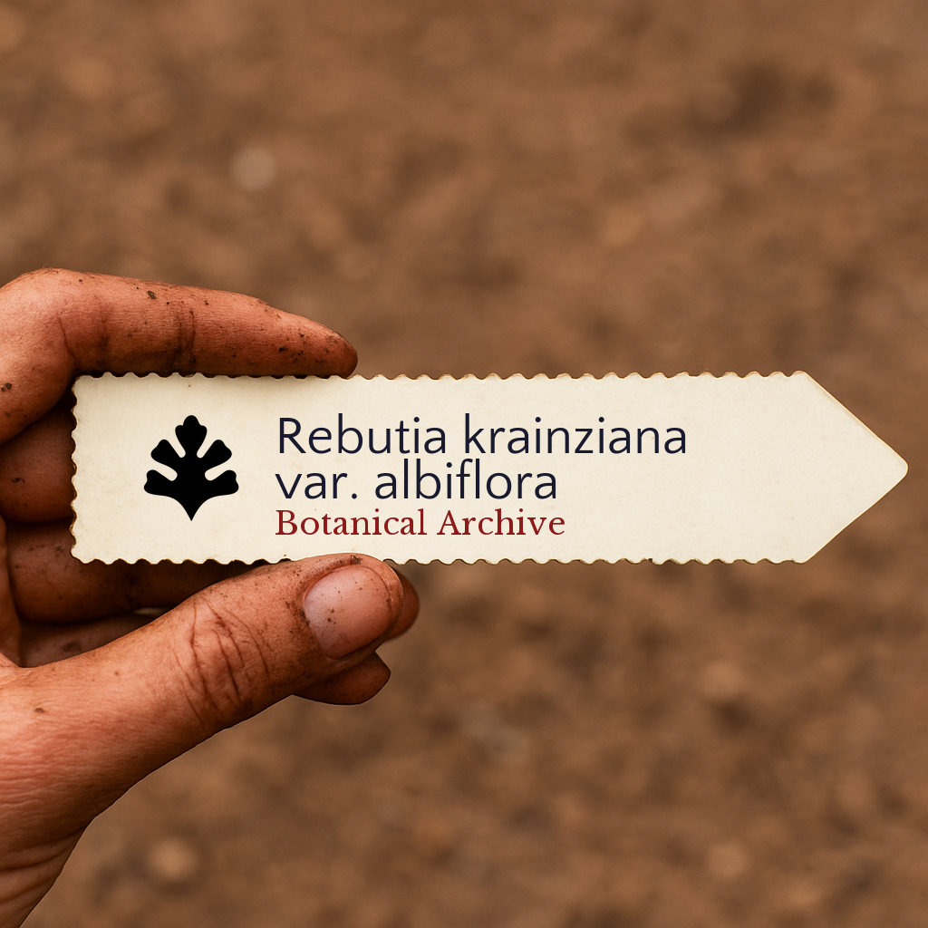 Plant label for Rebutia krainziana var. albiflora with botanical archive text held in hand