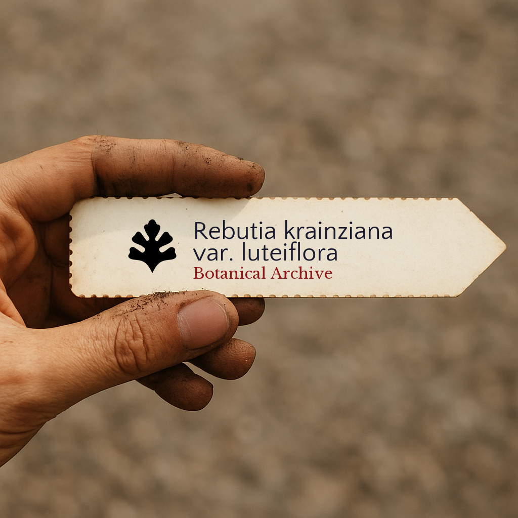 Printed plant label for Rebutia krainziana var. luteiflora held by dirty hand outdoors