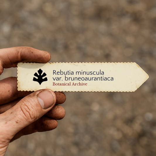 Printed plant label for Rebutia minuscula var. bruneoaurantiaca held by dirty hand outdoors