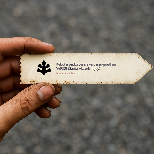 Printed plant label for Rebutia padcayensis var. margarethae held by hand outdoors