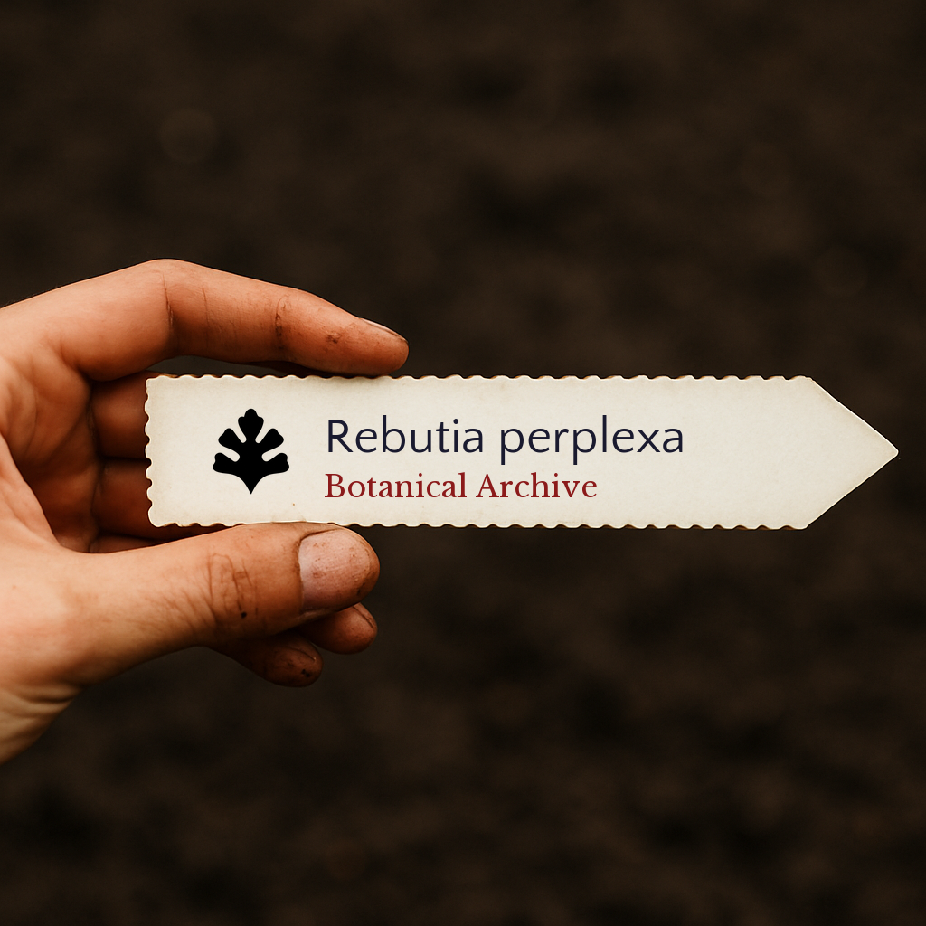 Printed plant label for Rebutia perplexa held over soil background