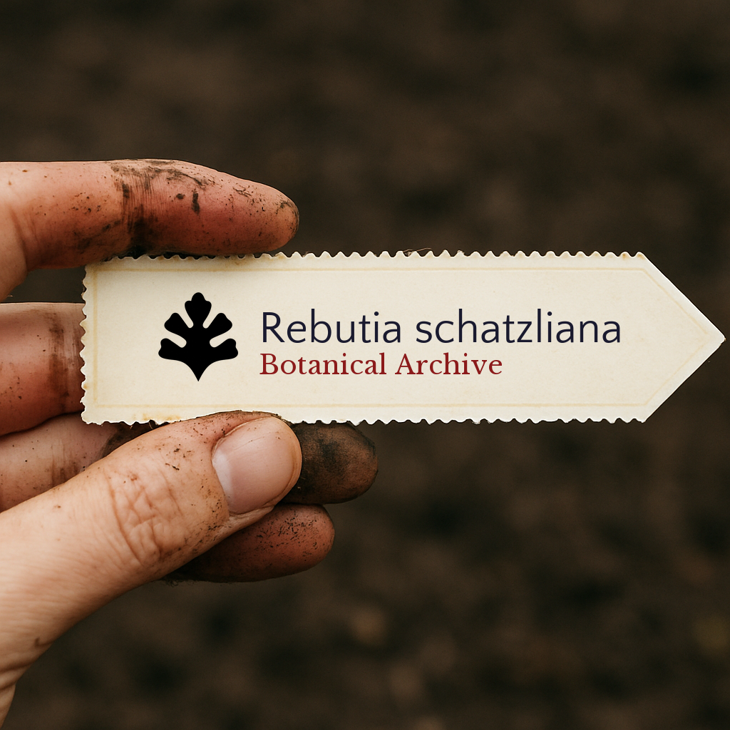 Printed plant label for Rebutia schatzliana held by dirty hand over soil background