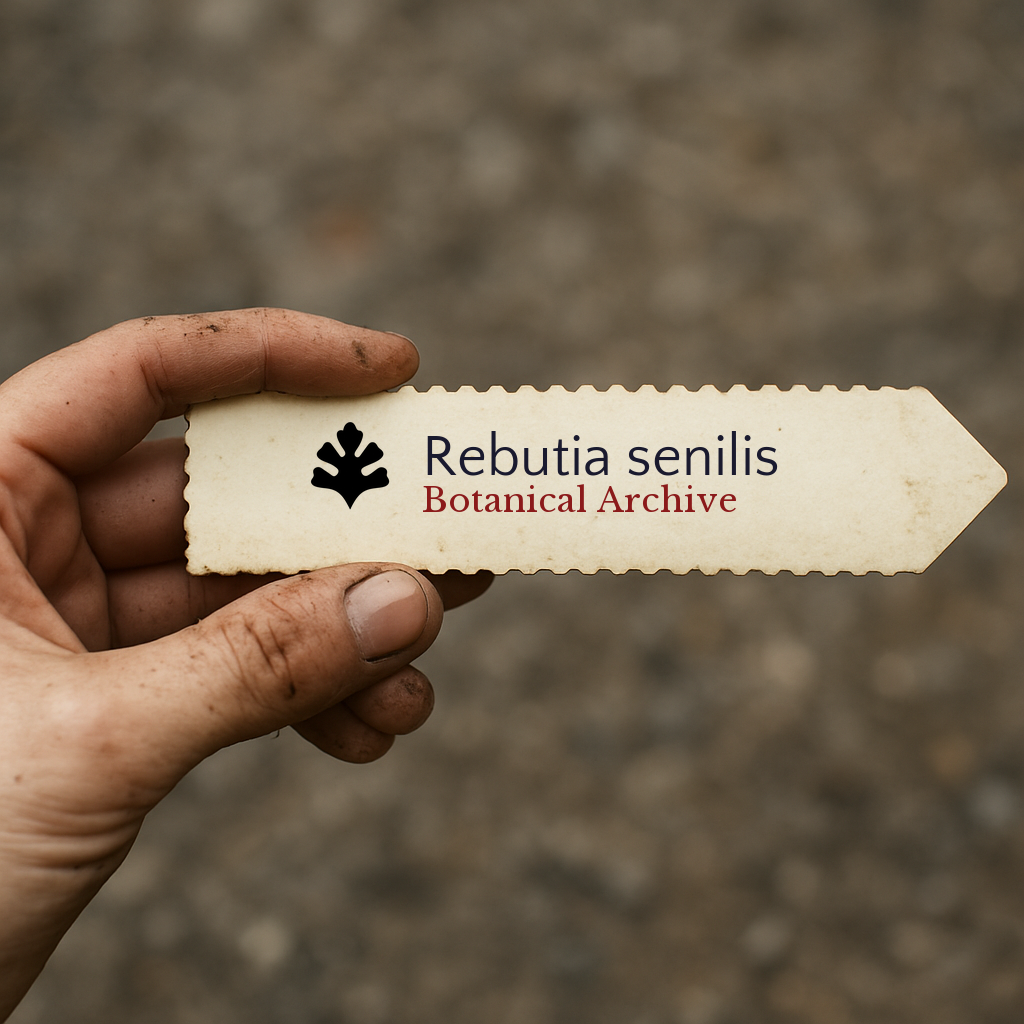 Printed plant label for Rebutia senilis held by hand with dirt background