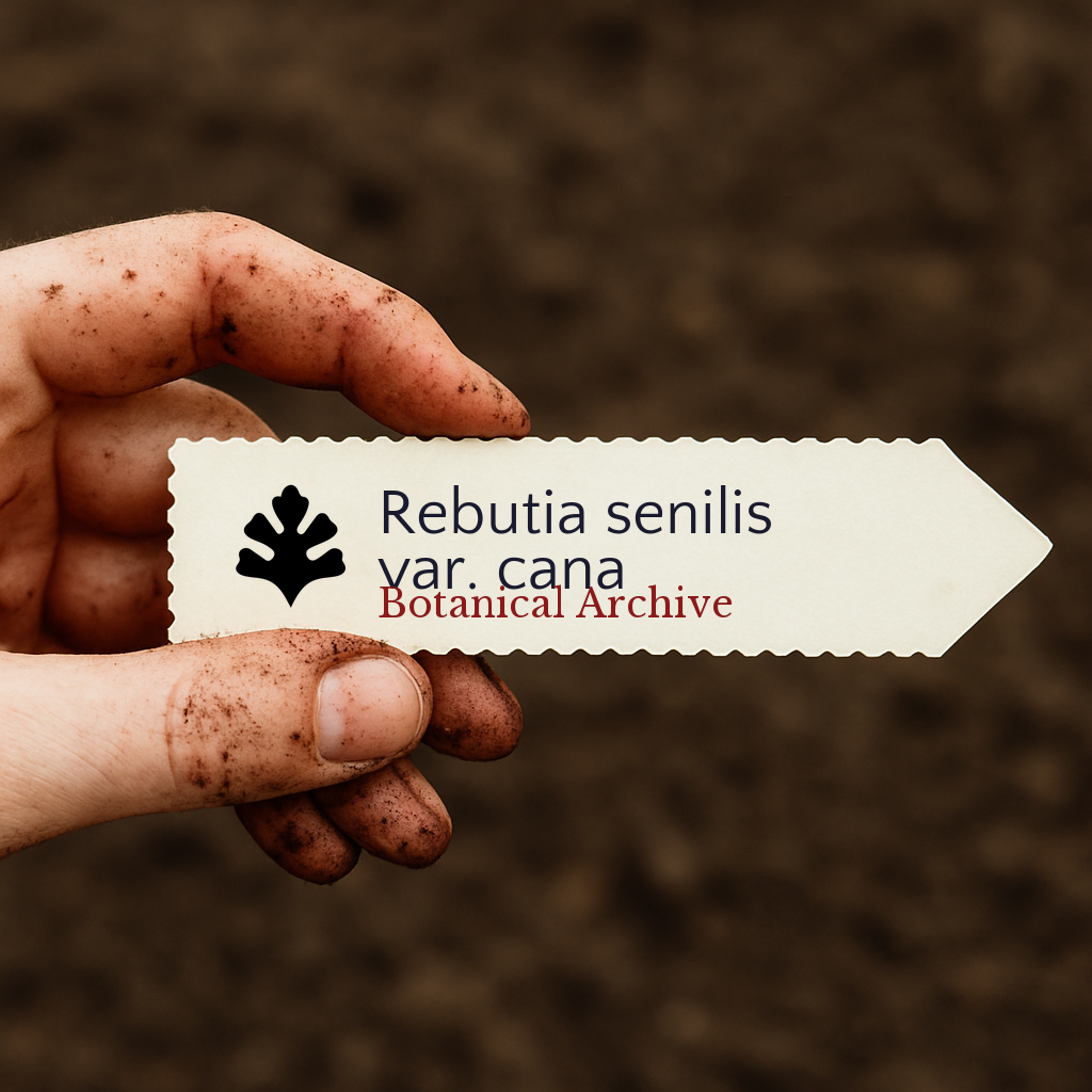 Printed plant label for Rebutia senilis var. cana held by dirty hand against soil background