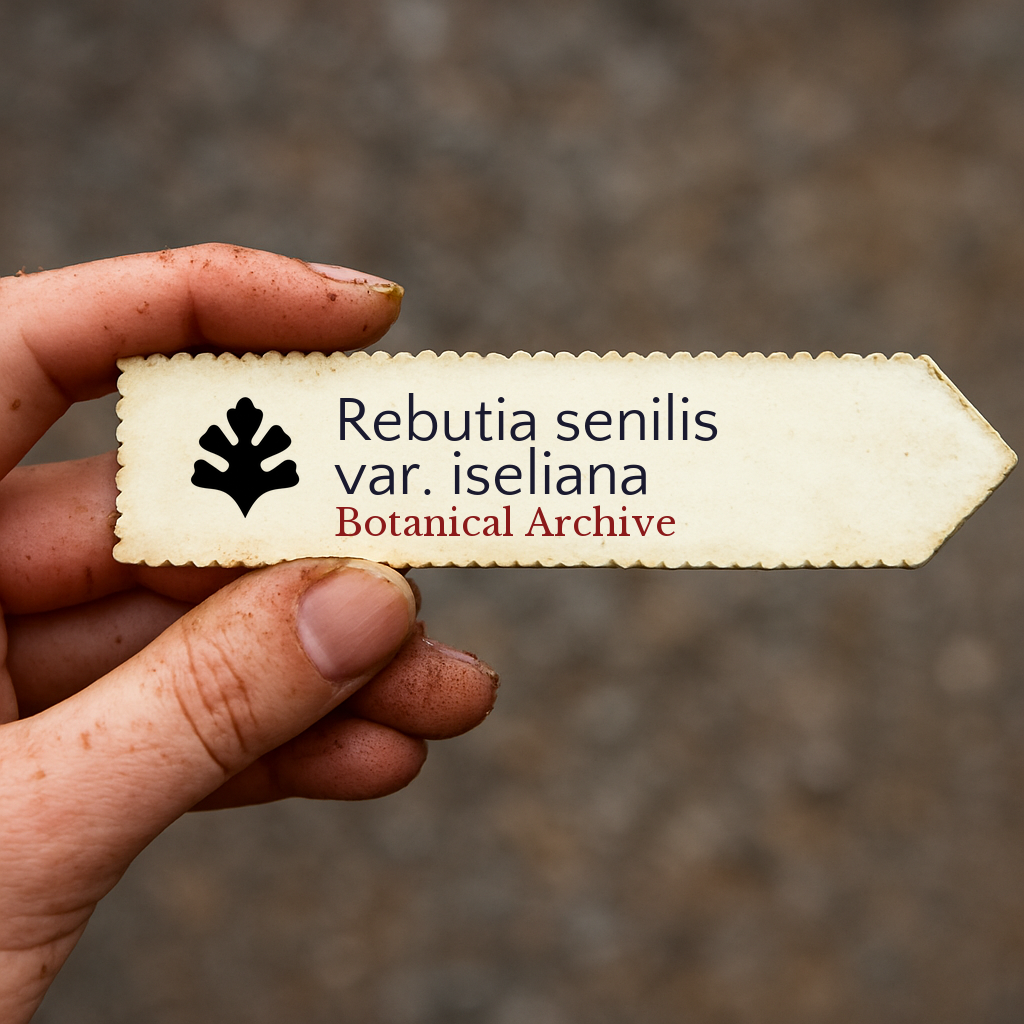 Printed plant label for Rebutia senilis var. iseliana held by hand with dirt background