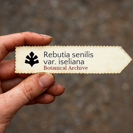 Printed plant label for Rebutia senilis var. iseliana held by hand with dirt background