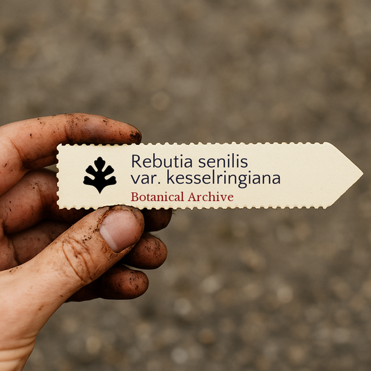 Printed plant label for Rebutia senilis var. kesselringiana held by dirty hand outdoors