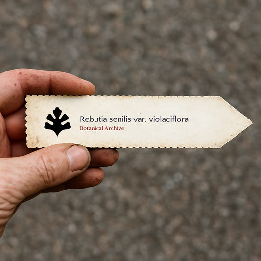 Printed plant label for Rebutia senilis var. violaciflora held in hand with textured background