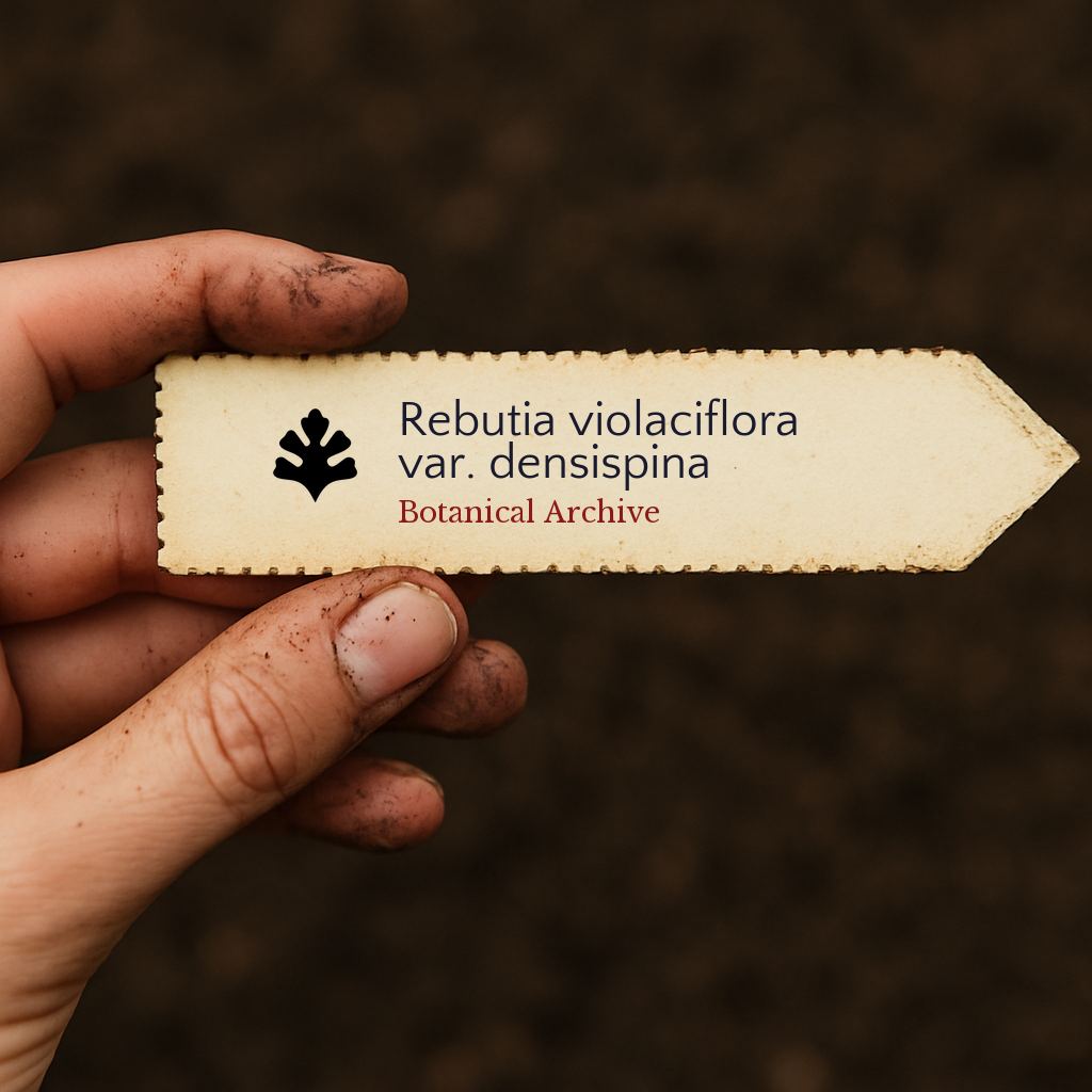 Plant label for Rebutia violaciflora var. densispina held by hand with soil background
