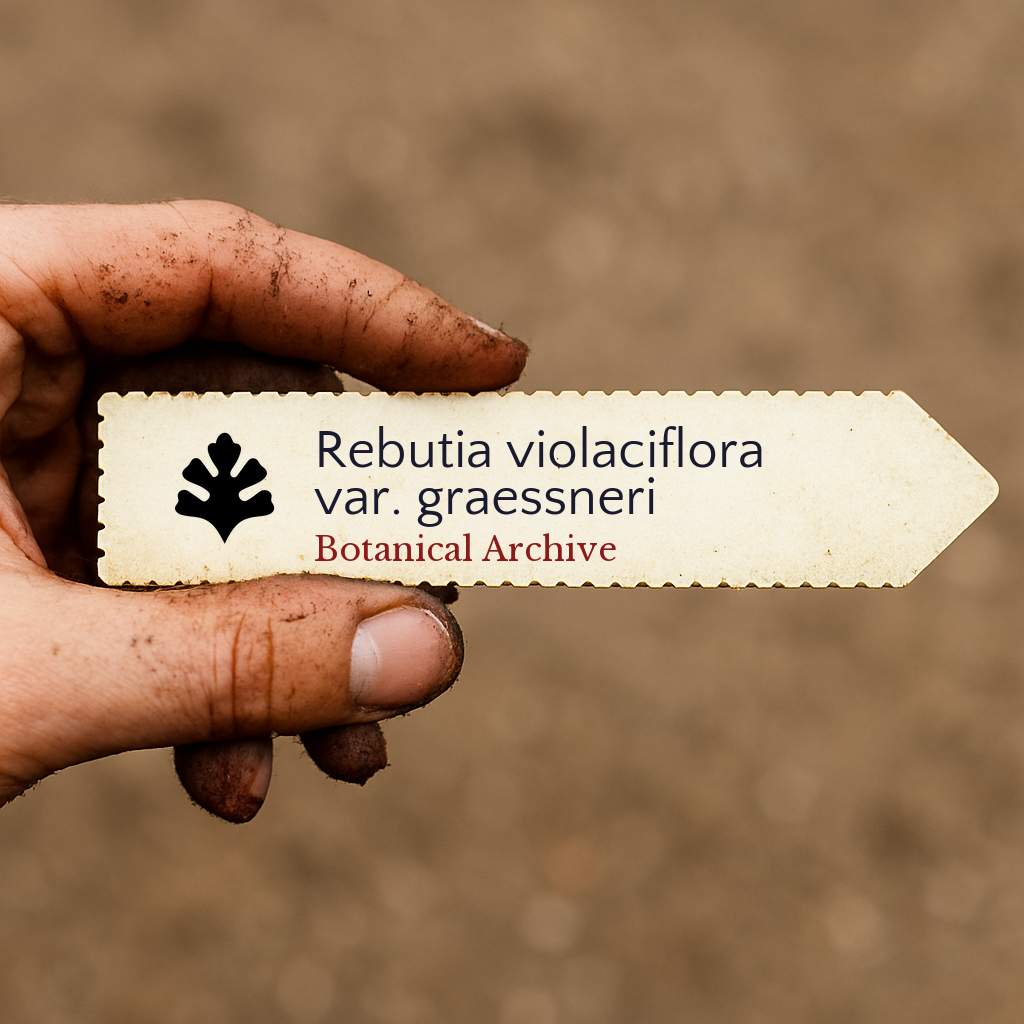 Printed plant label for Rebutia violaciflora var. graessneri held by dirty hand