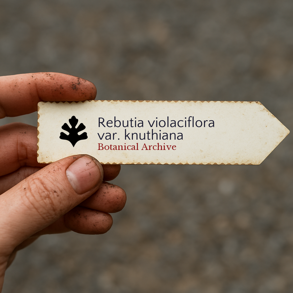 汚れた手で屋外に持たれたリブティア・ヴィオラシフローラ var. クヌシアナのプリント植物ラベル