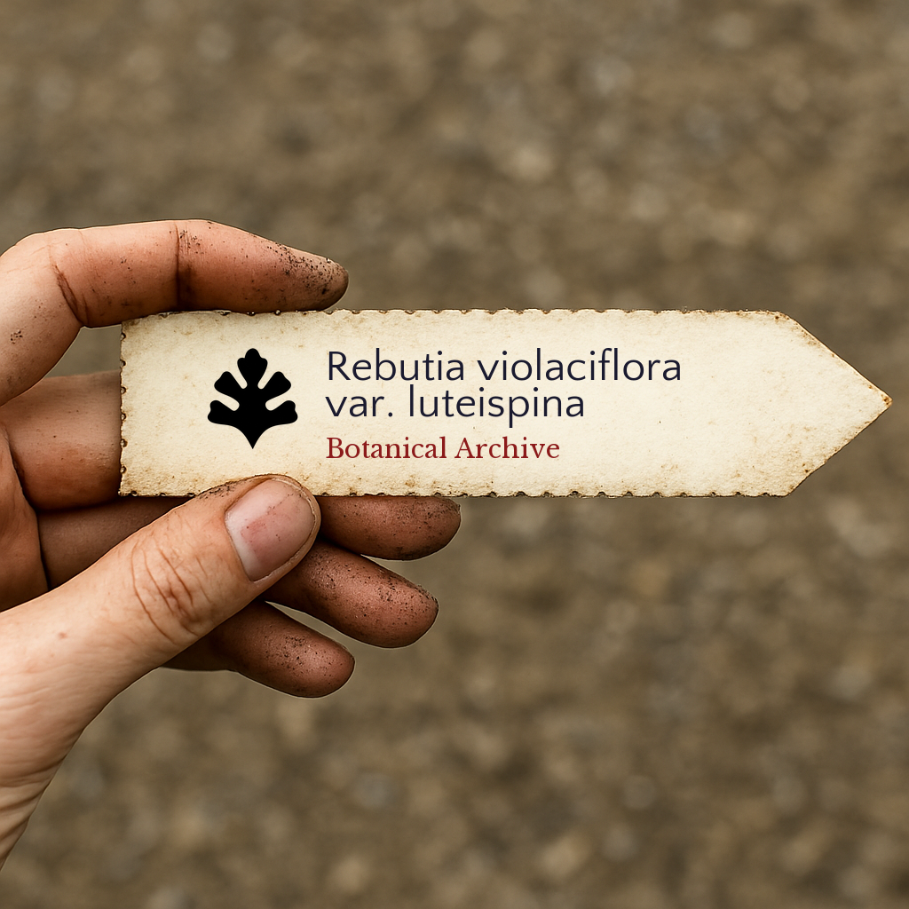 Handheld vintage botanical archive label for Rebutia violaciflora var. luteispina plant