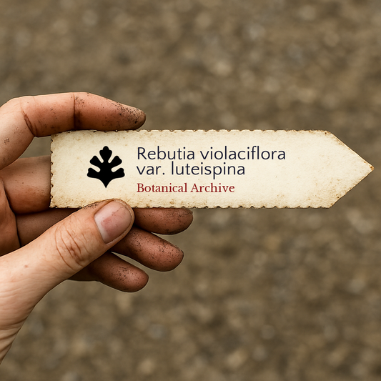 Handheld vintage botanical archive label for Rebutia violaciflora var. luteispina plant