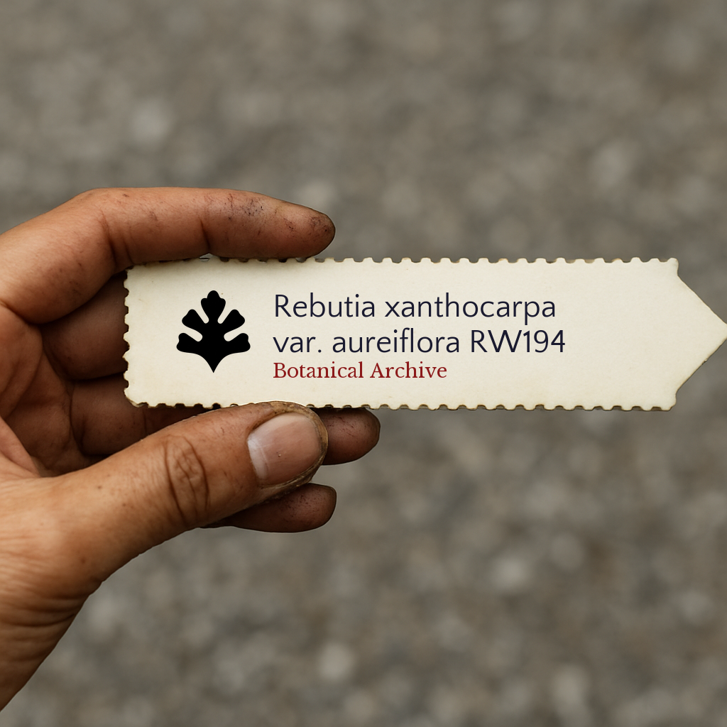 Printed plant label for Rebutia xanthocarpa var. aureiflora held in hand with textured edges