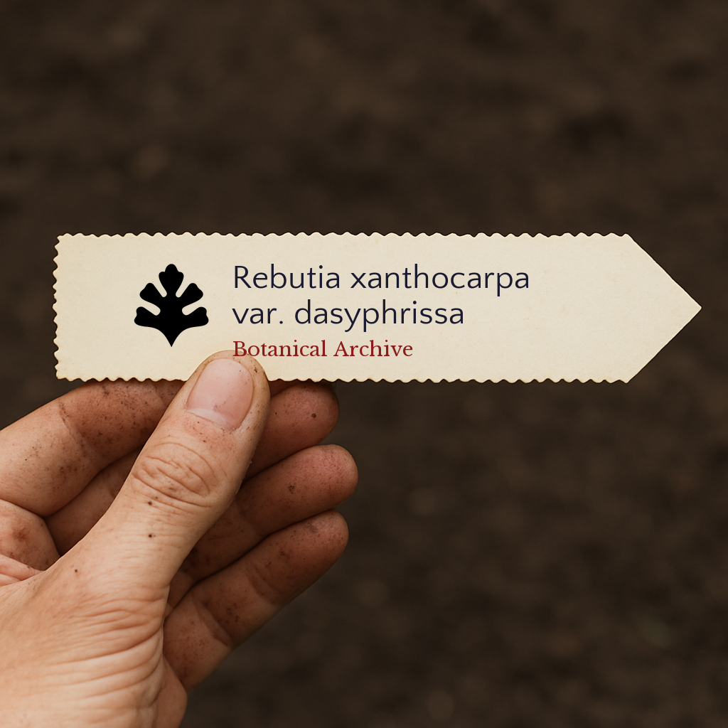 Printed plant label for Rebutia xanthocarpa var. dasyphrissa held over soil background