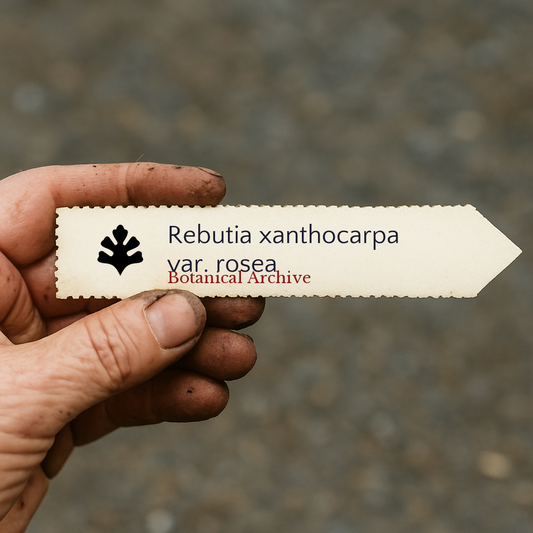 Printed plant label for Rebutia xanthocarpa var. rosea held by dirty hand outdoors