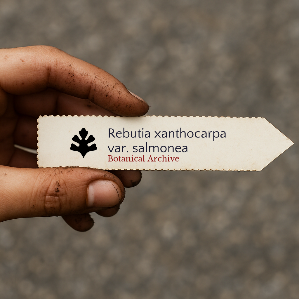 Printed plant label for Rebutia xanthocarpa var. salmonea held by hand with dirt background