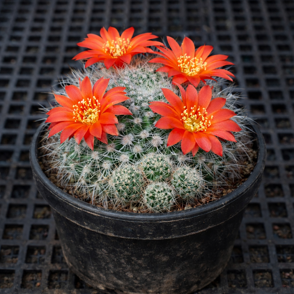 Cactus Rebutia stuemeri con flores de color naranja brillante en maceta negra de vivero