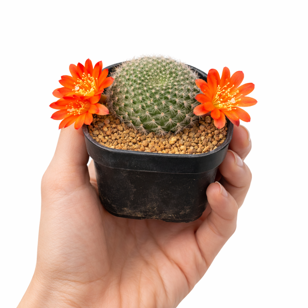 Pequeño cactus Rebutia turbinata con flores naranja brillante en maceta de plástico negra sostenida por una mano