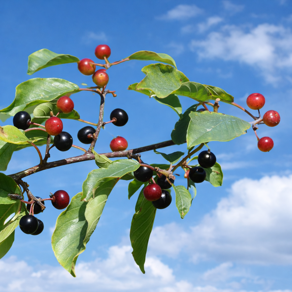 Rhamnus frangula branch with glossy green leaves and ripe red and black berries against sky