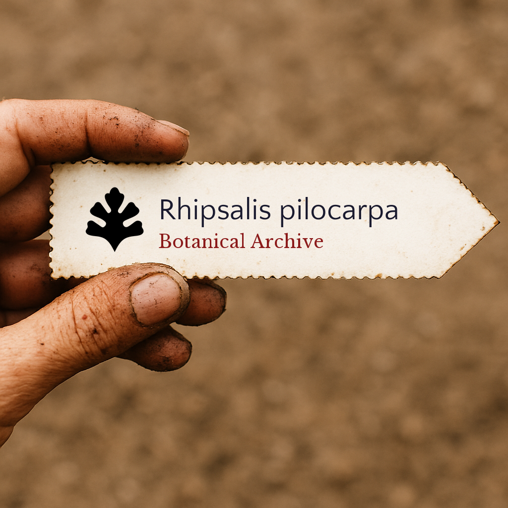 Printed plant label for Rhipsalis pilocarpa held by dirty hand against soil background