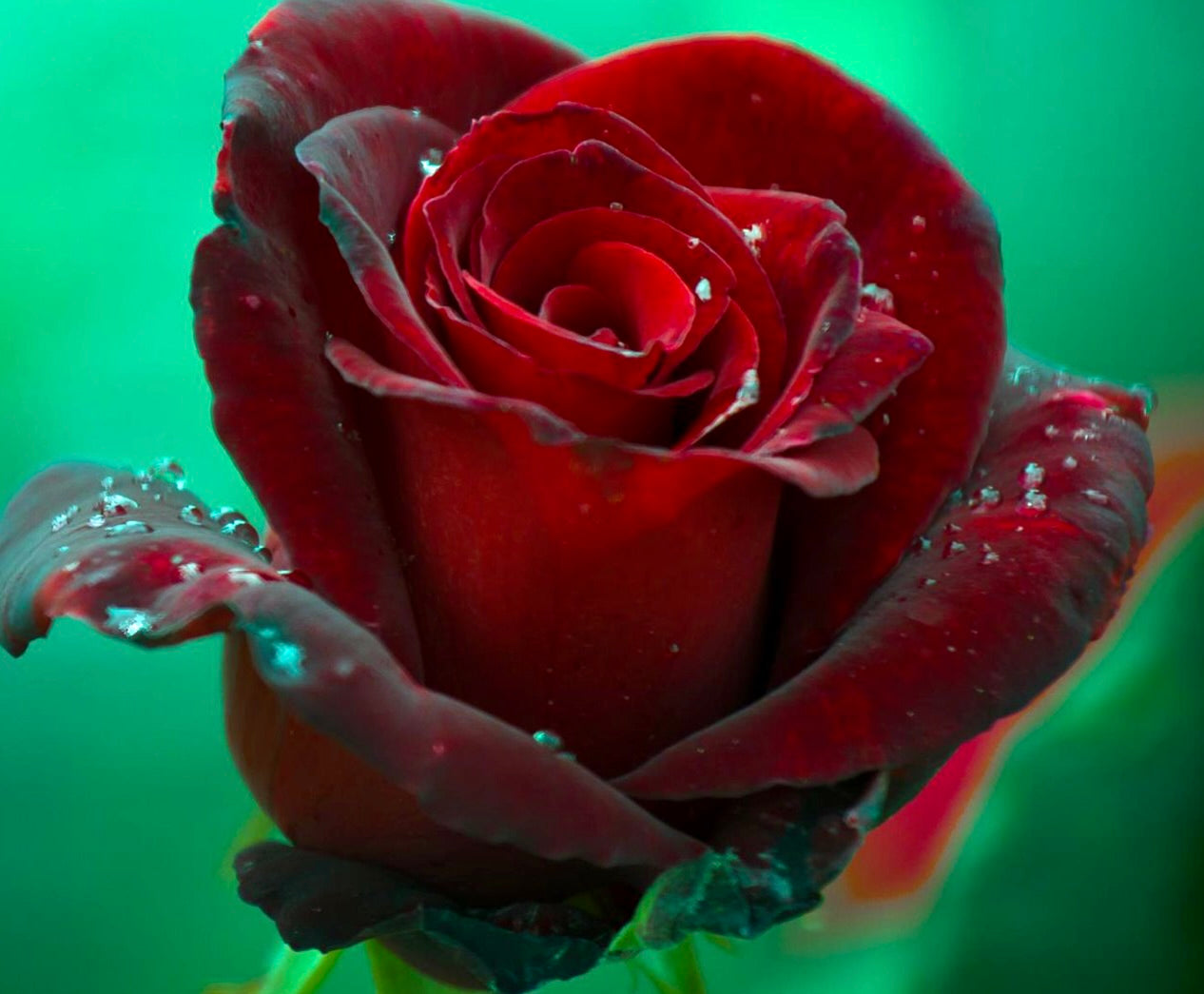 Rosa cv Barkarole Tantau® rosa rossa intensa con petali vellutati e gocce d'acqua