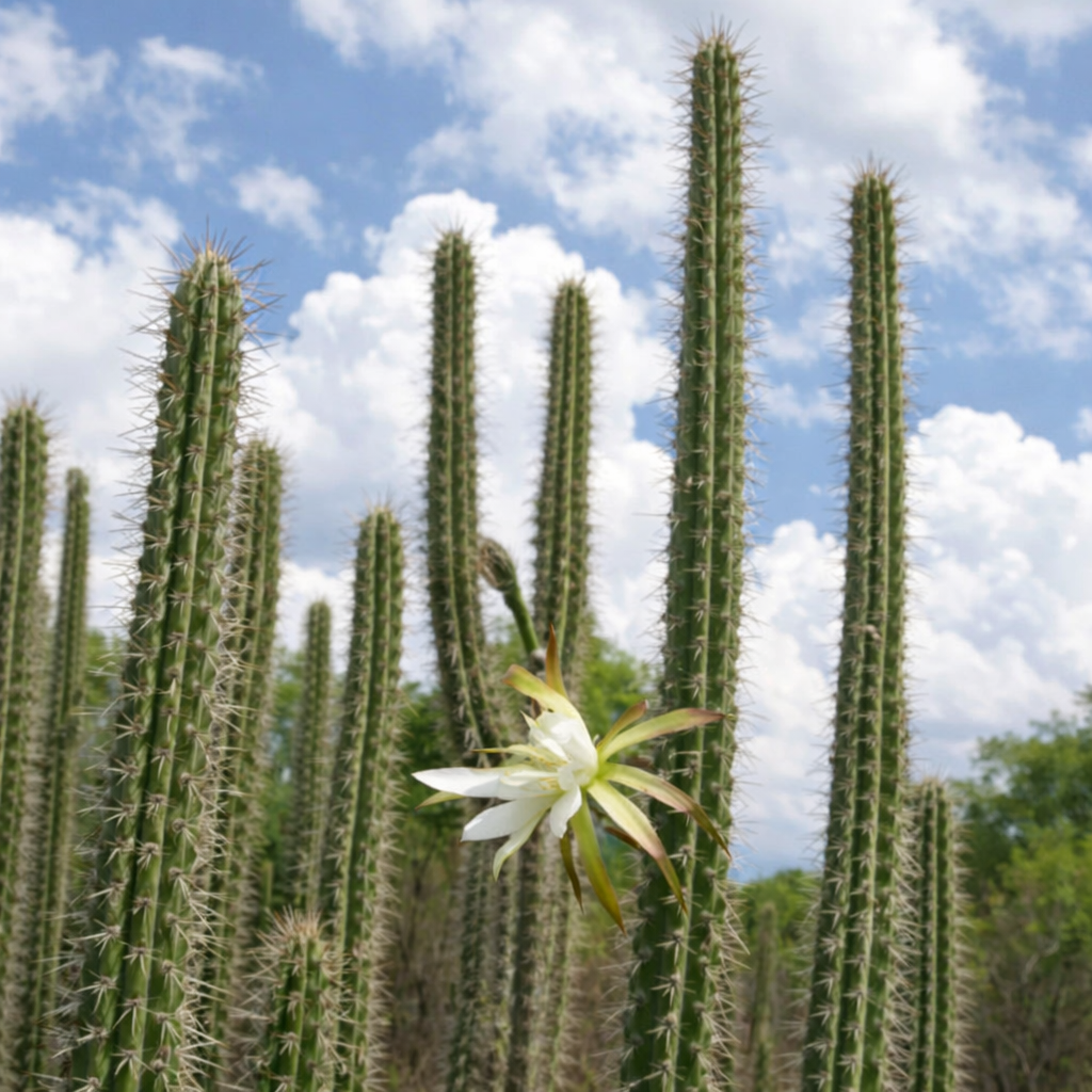 Roseocereus tephracanthus hoge stekelige cactus met witte bloeiende bloem in natuurlijke habitat