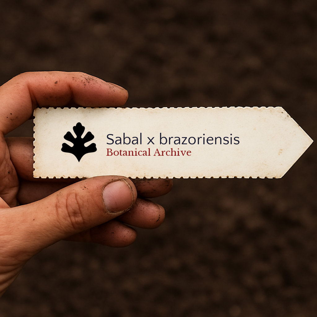 Printed plant label for Sabal x brazoriensis held by hand over soil background