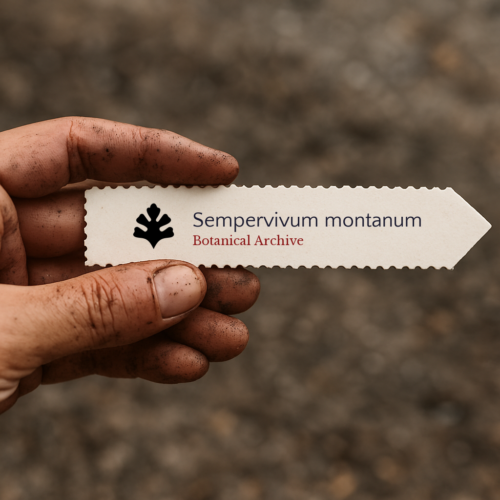 Printed plant label for Sempervivum montanum held by dirty hand with blurred soil background