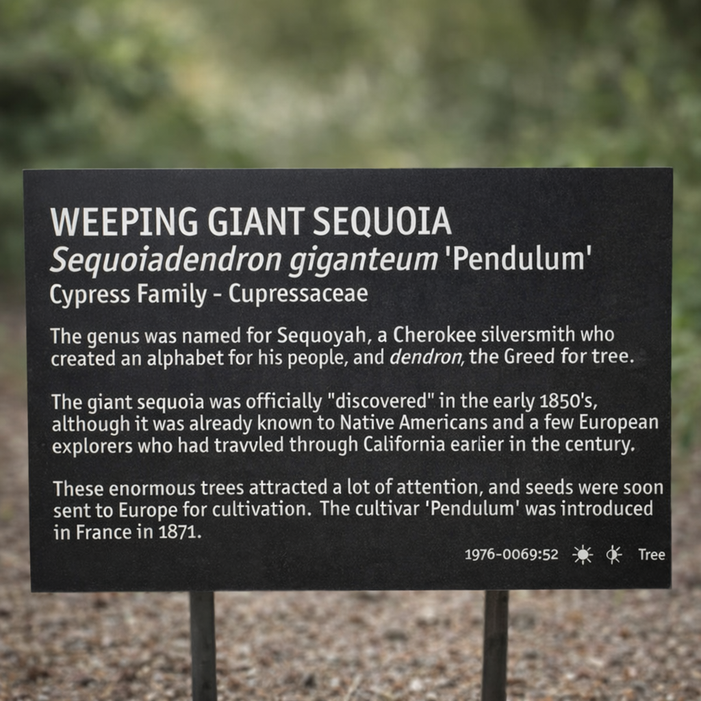 Cartello informativo botanico per Sequoiadendron giganteum 'Pendulum' con dettagli storici