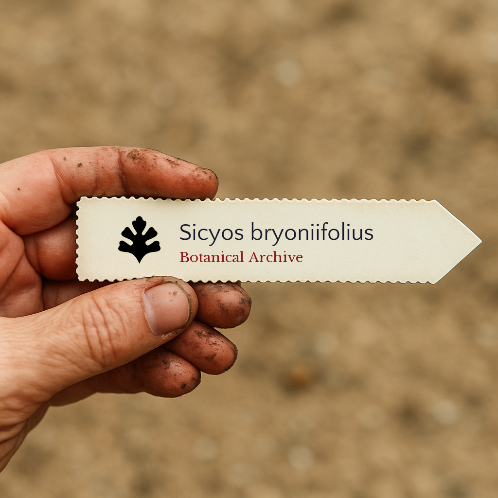 Gedrukt plantenlabel voor Sicyos bryoniifolius gehouden in de hand met een achtergrond van aarde