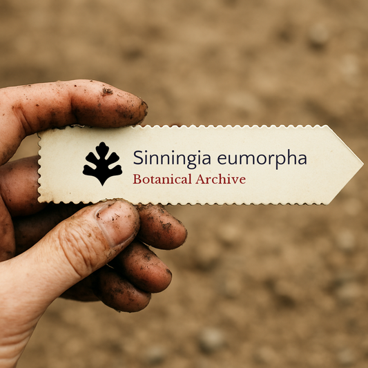 Printed plant label for Sinningia eumorpha held by dirty hand over soil background