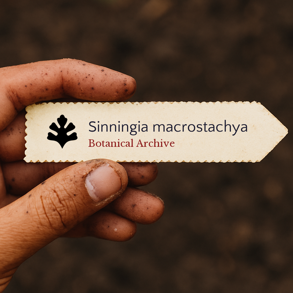 Geprinte plantenlabel voor Sinningia macrostachya vastgehouden door een vuile hand met een achtergrond van aarde