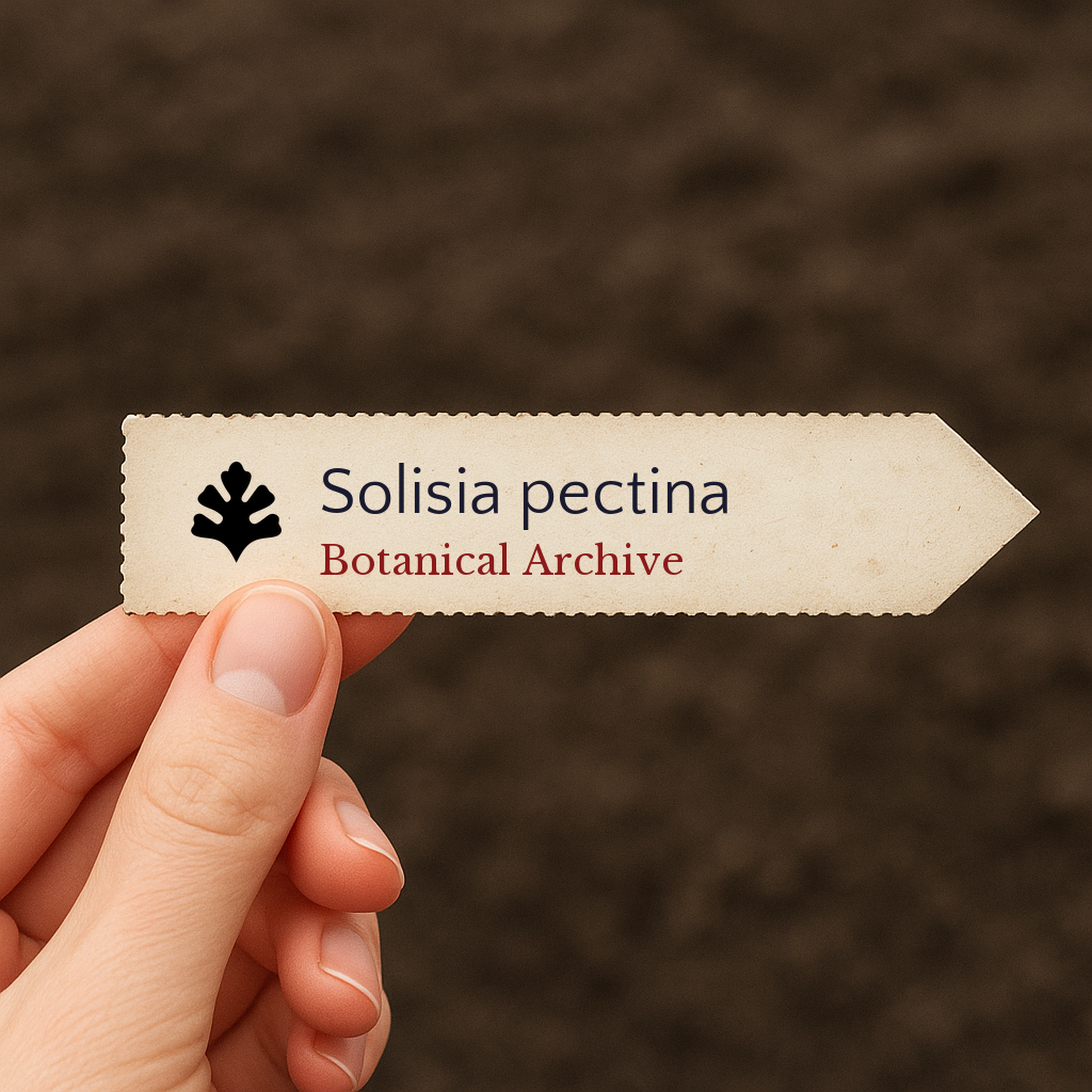 솔리시아 펙티나 식물 인쇄 라벨, 흙 배경에 고정됨