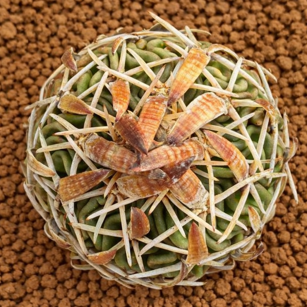 Stenocactus phyllacanthus cactus succulent avec des épines blanches complexes et des pointes brunes sur un sol texturé