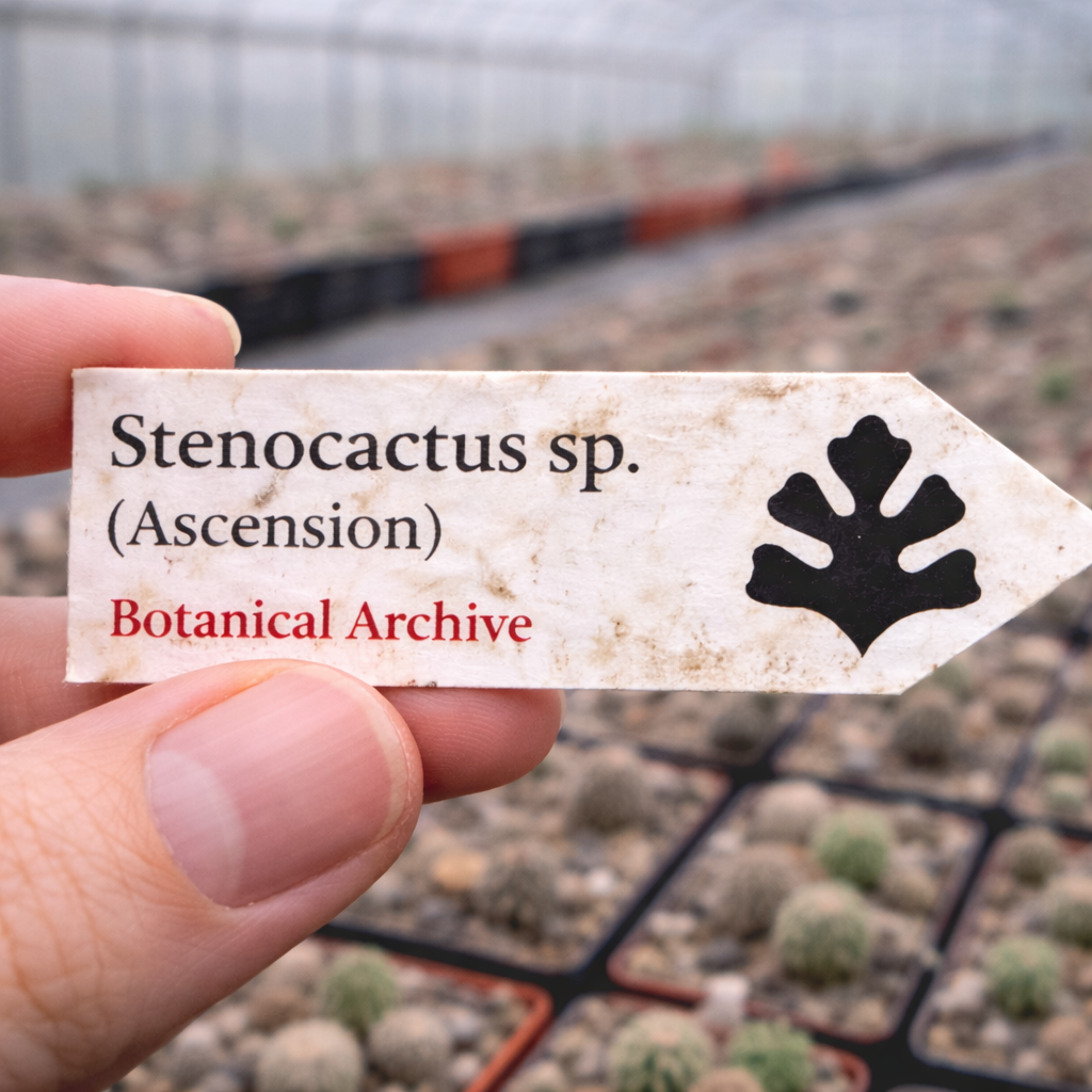 온실 묘목장에서의 스테노칵투스 종 (어센션) 인쇄 식물 라벨