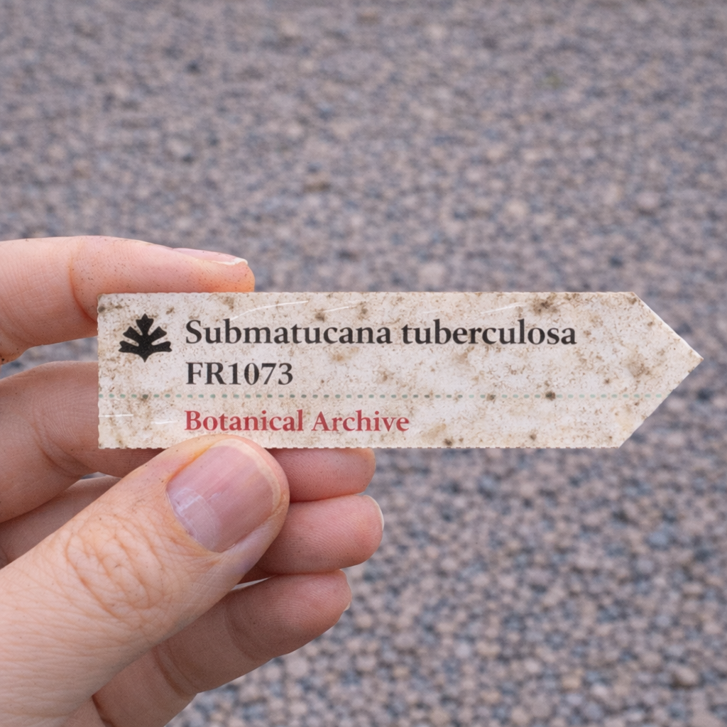 土の跡がついた手に持たれたサブマトカナ・チュベルクロサ FR1073の印刷された植物ラベル