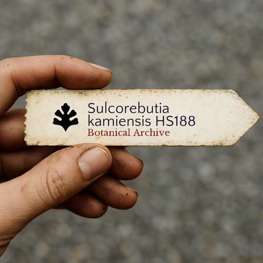 흙 배경에 손으로 들고 있는 설코레부티아 카미엔시스 HS188 용 인쇄 식물 라벨