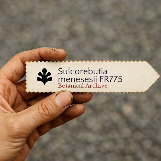 더러운 손에 들린 야외용 설코레부티아 메네세시이 FR775 프린트 식물 라벨