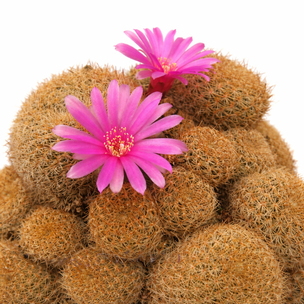 Agregado de cactos Sulcorebutia albisssima com flores rosa vibrante e espinhos dourados densos