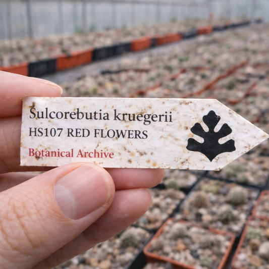 Etiqueta de planta impresa para Sulcorebutia kruegerii en vivero con fondo de plántulas de cactus