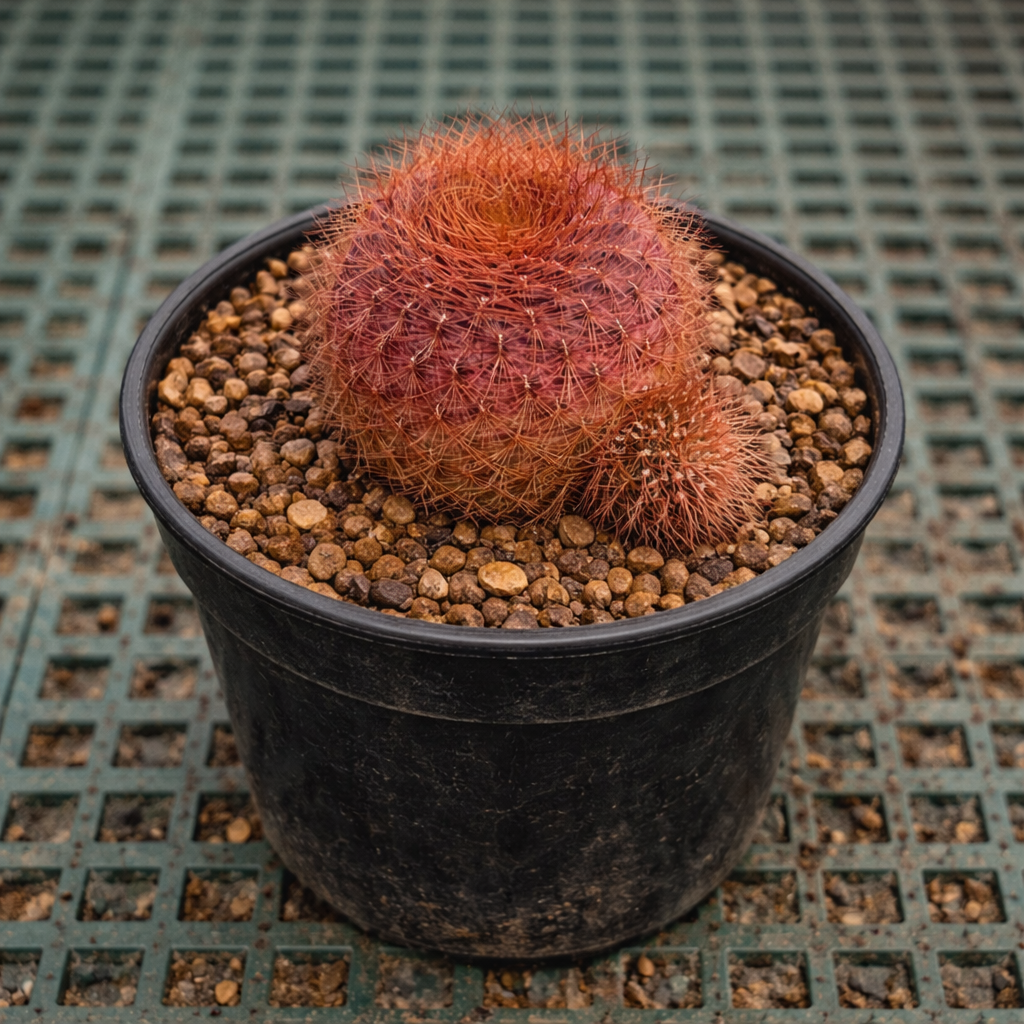 Sulcorebutia swobodae pequeño cactus redondo rojizo con espinas densas en maceta negra