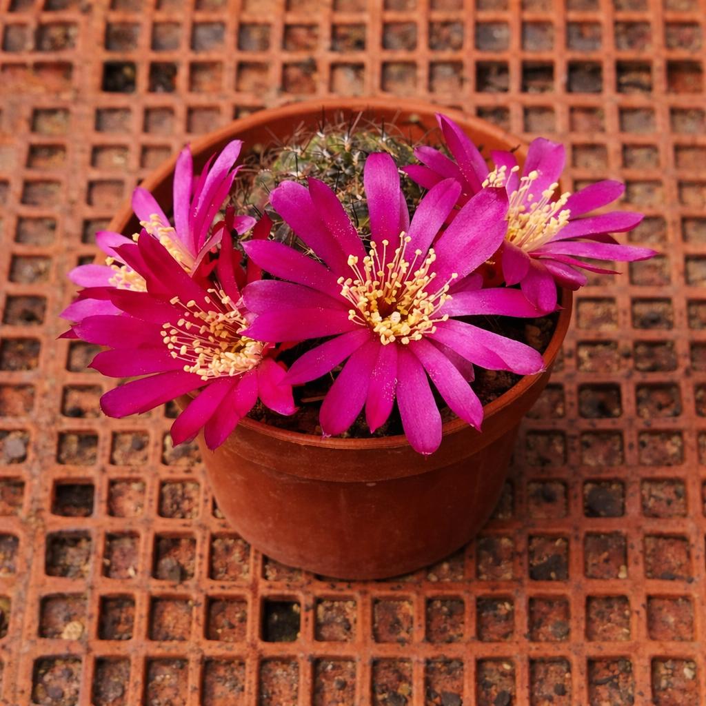 Cactus Sulcorebutia tiraquensis con vibrantes flores magenta en pequeña maceta marrón