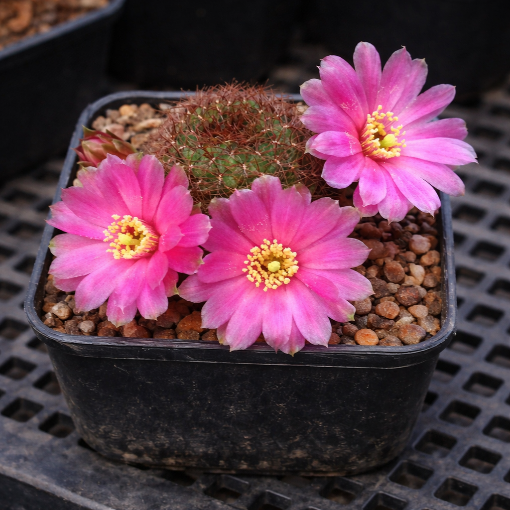 Sulcorebutia totorensis pequeño cactus redondo con flores de color rosa brillante en maceta