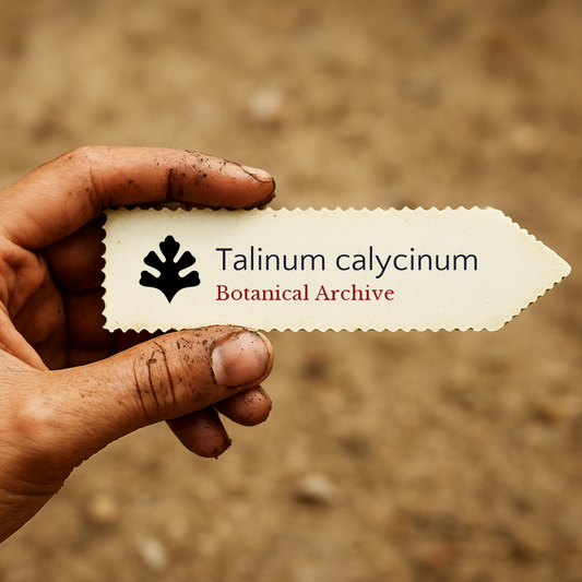 Printed plant label for Talinum calycinum held by dirty hand with soil background