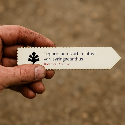 Etiqueta impresa para planta de Tephrocactus articulatus var. syringacanthus sostenida en mano con fondo de tierra
