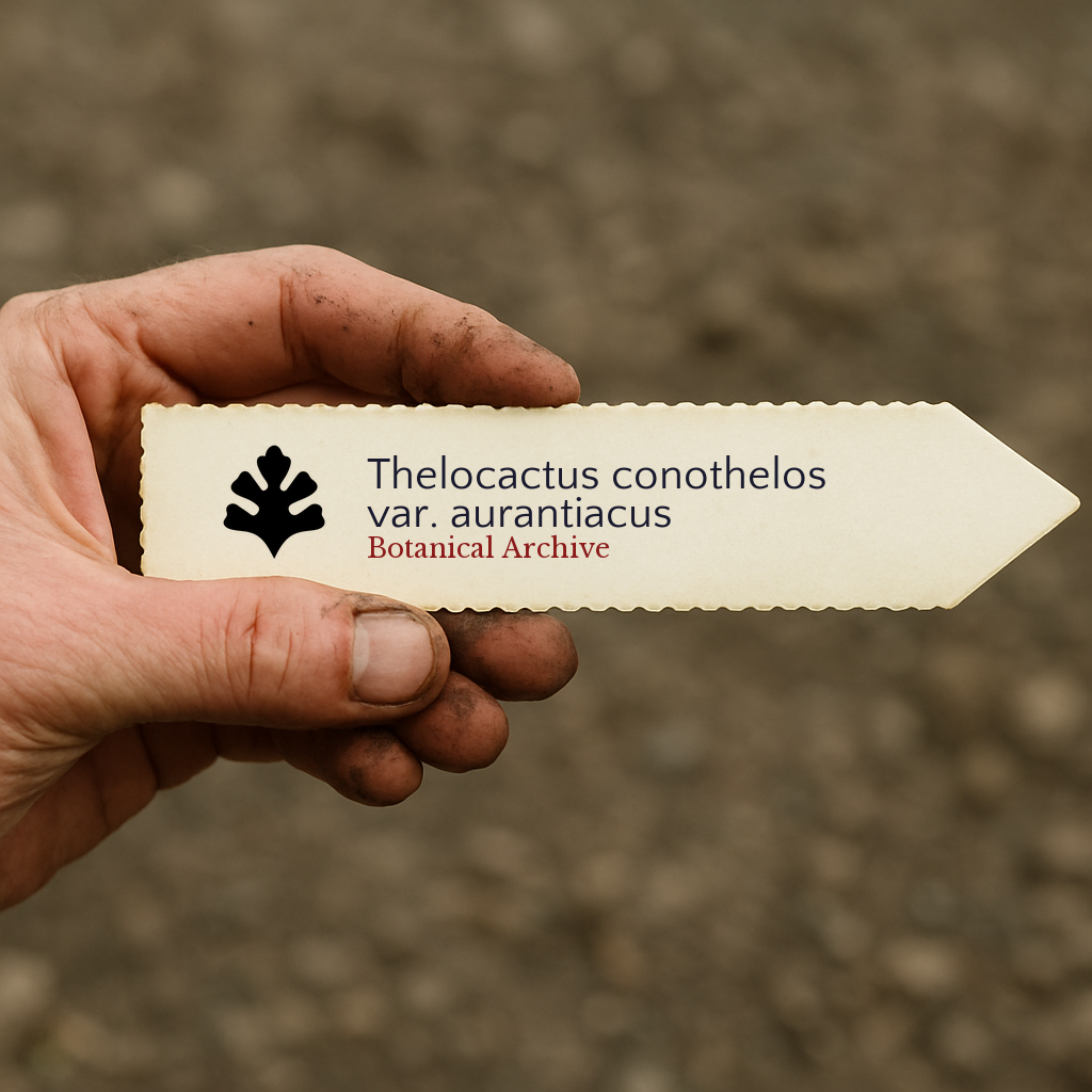 Printed plant label for Thelocactus conothelos var. aurantiacus held by dirty hand outdoors